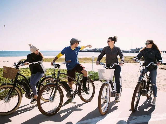 Groupe de quatre personnes faisant du vélo électrique le long d'une piste côtière pavée.